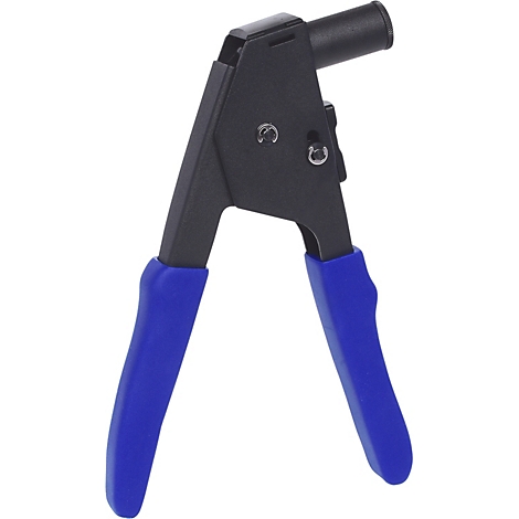 Eine Nietzange, schwarz und blau, mit Griffen und einem zylindrischen Aufsatz.